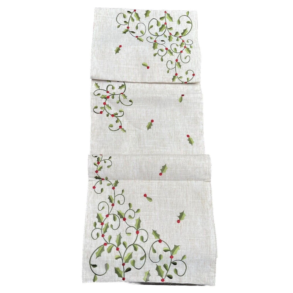 Vogue Collections Holiday Table Runner Christmas Holly Scrolls 67"X14" NWOT